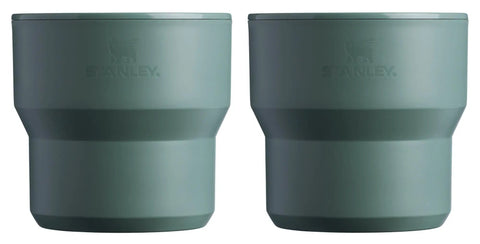 Pair of green insulated cups from the Go 4 Piece Stainless Steel Camp Cook Set With 32 Ounce Pot And Lid Fold And Lock Handle Includes Two Stacking Cups