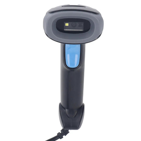 Dead On Accurate Usb Wired Barcode Scanner For Swift Retail Transfers And Warehouse Tracking Reads 1D And 2D Codes No Sweat Direct From Displays Or Receipts Crafted In Resilient Abs Shell For Your Daily Grind, top view of scanner with blue button.