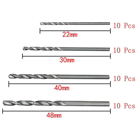 Four sizes of drill bits in the Mini HSS Drill Bits Set 0.5mm To 2.0mm Straight Shank For PCB, Thin Metal, And Plastic Drilling, 40 Pcs Kit.