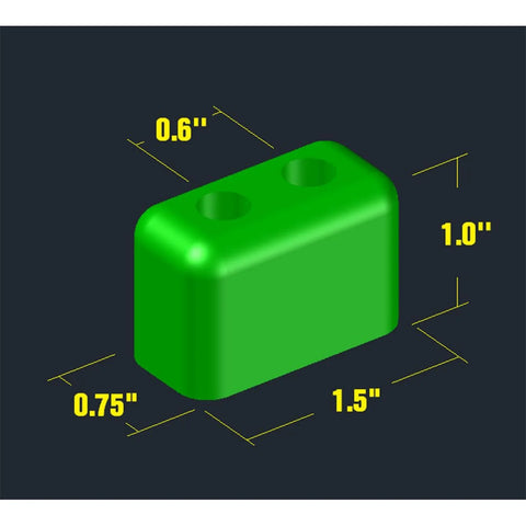 Pair Polyurethane Rubber Bumpers For Sliding Patio Doors With Hardware Included, UV Resistant Replacement Bumpers And Stainless Screws, Compatible With Various Patio Doors, Check Dimensions In Photo For Proper Fit showing green bumper dimensions 1.5"x1"x0.75"
