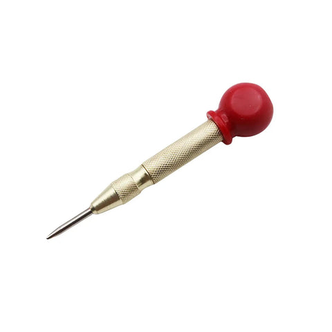 Automatic Spring Loaded Center Punch With Cap Quick Strike Marking Tool For Heavy Duty Metal And Wood Projects No Sweat Precision Hits Every Single Time on white background.