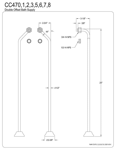 Diagram of Vintage Double Offset Bath Supply Kit for Clawfoot Tubs in Polished Brass 25 Inches, with dimensions shown.