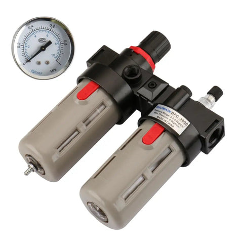 Air Source Treatment Unit With Three Eighths Inch FRL Filter Regulator Lubricator Combo And Included Pressure Gauge for pneumatic systems