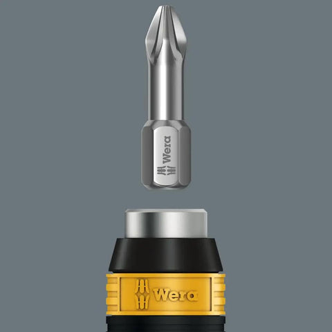 Close-up of ESD Safe Adjustable Torque Screwdriver With Rapidaptor Quick Release Chuck, visible bit and chuck, brand Wera.