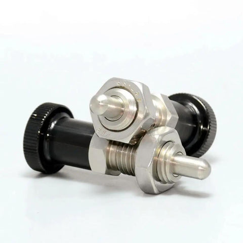 Tough As Nails Stainless Steel Push Fit Ball Nose Spring Plunger Retractable Indexing Pin With Quick Grip Knobs For Rock Solid Positioning On Shop Equipment M8 Non Locking 2 Pack, showing two retractable indexing pins.