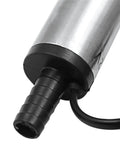 Close-up of 12V DC Submersible Transfer Pump For Fuel Water And Diesel Built Tough For Campground Grind and Tailgate Rigs compact stainless steel build with a black switch cable.