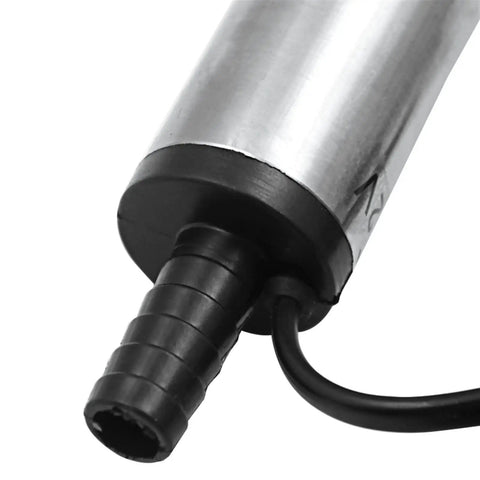 Close-up of 12V DC Submersible Transfer Pump For Fuel Water And Diesel Built Tough For Campground Grind and Tailgate Rigs compact stainless steel build with a black switch cable.
