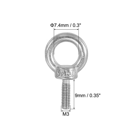 Front view of M3 X 9mm Lifting Shoulder Eye Bolt from the 8 Pack in 304 Stainless Steel showing dimensions.