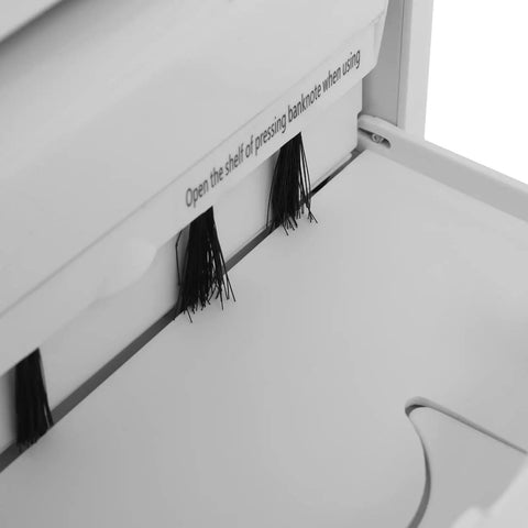 Close-up of Portable Rechargeable Money Counter With UV And MG Detection for detecting counterfeit bills, tray detail visible.