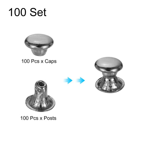 3mm Single Cap Rivets In Gunmetal Finish Ace Your Leather Game With These Tough Carbon Steel Snap Studs Includes 100 Sets of Heavy Hitting Fasteners For DIY Wrangling And Rock Solid Repairs, showing caps and posts.