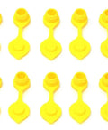 10 Pack Universal Large Yellow Gas Can Vent Caps For Plastic Fuel Cans arranged in rows, top view