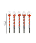 Extended Forstner Drill Bits 16 To 25mm Hex Shank set featuring five carbide tipped bits measuring 128mm for deep wood boring.