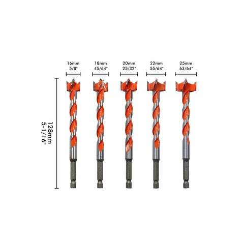 Extended Forstner Drill Bits 16 To 25mm Hex Shank set featuring five carbide tipped bits measuring 128mm for deep wood boring.