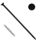 Pro Grade Eight X Four Inch Black Drywall Screws Built Solid With Coarse Threads And Phillips Bugle Heads For Smooth Self Tapping On Wood Studs Featuring Top Shelf Rust Resistant Carbon Steel 100 Piece Pack with one screw and a driver bit.