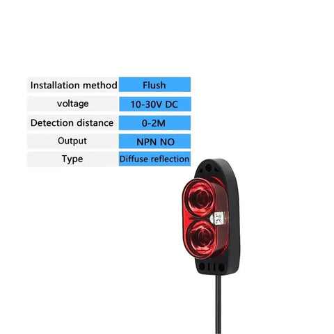 Diffuse Reflection Photoelectric Switch Proximity Sensor With Versatile NPN Or PNP Output, Detects Clear And Opaque Objects Non-Contact, Great For Industrial Automation, Conveyor Lines, And Robotic Systems. black flush-mount sensor with red lens, 10-30V DC