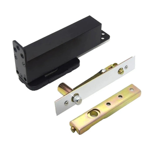 Killer Heavy Duty Pivot Hinges Featuring Hydraulic Buffer Action For Hella Smooth Silent Swinging Hidden Wood Door Hardware With Clean Black Finish Built Tough For Interior Entry Doors Zero Drama Setup. Image showing black hydraulic hinge components.