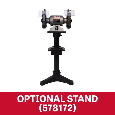 Shop Ready Six Inch Bench Grinder Powered By A Half Horsepower Motor Spinning 3450 RPM on optional stand for enhanced stability.