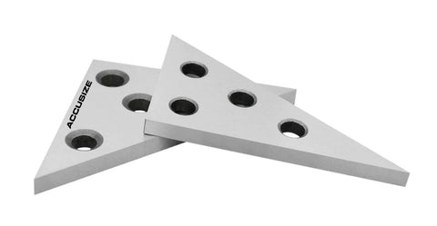Accusize solid angle plate set, 2 pcs, gray metal triangular blocks with 30-60-90° and 45-45-90° angles and mounting holes.