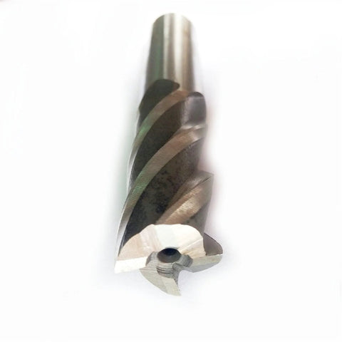 End mill cutter, four-flute CNC milling tool in steel; side view shows helical flutes and 2.0 mm cutting edge.