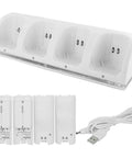 4 In 1 Battery Charging Station For Game Controllers And Rechargeable Battery Packs With USB Cable Lets You Simultaneously Charge Up To Four Devices And Keep Your Gaming Gear Ready To Go, showing four slots, four battery packs, and USB cable
