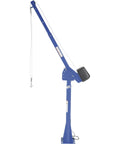 Top Shelf Electric Jib Crane With Two Thousand Pound Capacity And Full Three Sixty Rotation shown side view with lifting hook and blue frame.