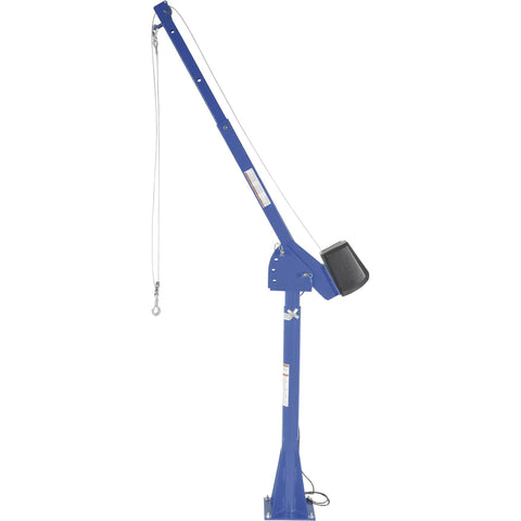 Top Shelf Electric Jib Crane With Two Thousand Pound Capacity And Full Three Sixty Rotation shown side view with lifting hook and blue frame.
