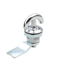 Mini Cam Lock For Drawers And Mailboxes, Silver Chrome Cylinder Lock, Durable Keyed Lock, angled view showing latch and finish