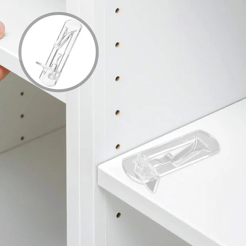 Close-up of 10 Piece Plastic Locking Shelf Pegs ABS Pins For Cupboards And Cabinets No Tools Needed For Quick Setup on shelf corner