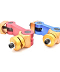 Built Like A Tank Cnc Work Stop Locator With M16 Positioner For Universal Micrometer Adjustments On Milling Machines That Knocks Alignments Dead Nuts Every Single Time, showcasing red and blue CNC clamps.