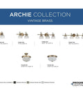Archie Collection vintage brass lighting fixtures, includes Vintage Brass Two Light Close To Ceiling Flush Mount Fixture for indoor use.
