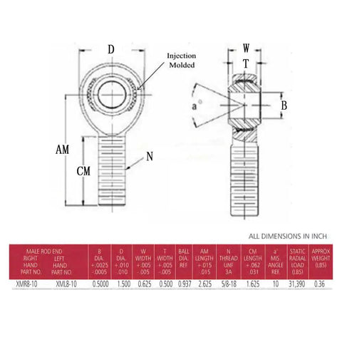 Heavy Duty Chromoly Heim Joints Set With Weld In Bungs 1/2 Inch Bore 5/8x18 Thread dimensions and specifications drawing.