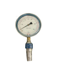 Waterjet high-pressure gauge with brass inlet fitting and blue collar.