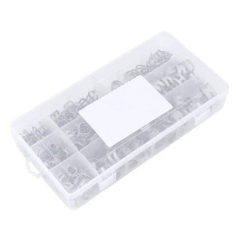 Genuine 304 Stainless Steel Spring Hose Clamps For Fuel Lines And Air Vacuum Pipes. Super Tough Anti Rust Silver Clips Fit 6.5 To 18mm Engine Bays And Petrol Hoses For Quick Repair Jobs And Heavy Duty Auto Work Today in plastic storage box