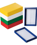 Top Tier Microscope Slide Storage Box With Heavy Duty Foam Liner Keeps Twenty Five Glass Slides Secure And Scratch Free Pack Of Five stacked in various colors.