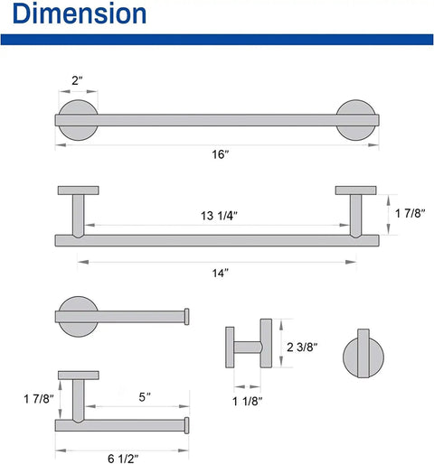 Dimensions of Must Have Matte Black Bathroom Accessories Set 16 Inch Hand Towel Bar Wall Mounted 4 Piece With SUS304 Steel Hardware