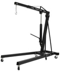Professional Grade 2 Ton Folding Engine Hoist With Electric Winch And Six Smooth Rolling Caster Wheels For Garage Motor Swap Rigs And Auto Jobs Made From Tough Carbon Steel that displays the hoist structure and hydraulic lift mechanism.