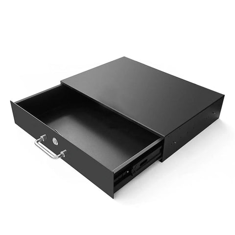 Tough As Nails Rack Mount Sliding Drawer For Server Cabinet Deep Storage Box; black powder-coated steel with secure lock.