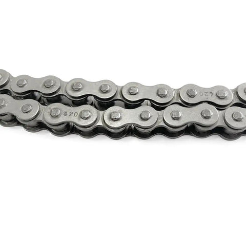 Close-up of Beefy 420 Roller Chain For Dirt Bikes And ATVs 90 Links With 5 Connecting Links Carbon Steel Construction