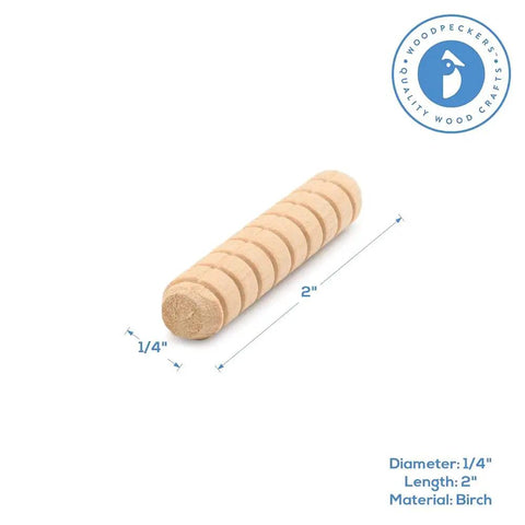 Rock Solid Wooden Dowel Pins 1/4 Inch By 2 Inch Spiral Grip Joints showing a birch dowel pin with spiral cuts for woodworking.