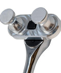 Close-up of Rack-A-Tiers Bend-All Sr Ratchet Cable Wire Bender Tool showing aluminum gripping mechanism for wire bending.
