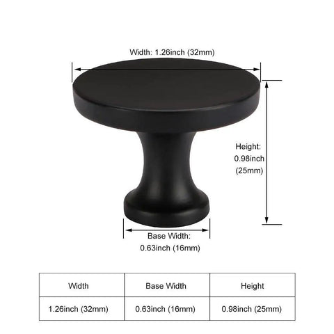 Sleek Matte Black Cabinet Knobs Pack Of 25, Solid Round Drawer Knobs, size details, zinc alloy hardware, side view.