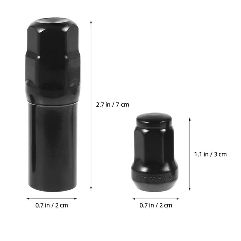 Heavy Duty 21 Piece Steel Wheel Lug Nuts With Anti Theft Hex Design showcased with size comparison of black lug nuts.