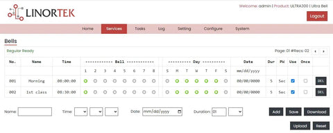 TCP/IP Network Bell Timer Controller With Web Based Scheduling interface showing bell timetable management