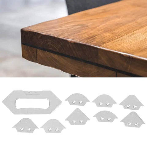 Shop Ready Router Table Corner Radius Jig Set Built Tough With Real Aluminum Alloy Includes Eight Chamfer Profile Templates R5 Through R40 For Clean Woodworking Cuts Zero Fuss Assembly, showing aluminum templates and wooden table edge.