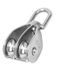 Two Pack Double Pulley Block Heavy Duty Lifting Sheave With Steel Wire Rope Hook For Rock Solid Rigging Jobs Quick Setup Design Close-up view of polished steel double sheave pulley.