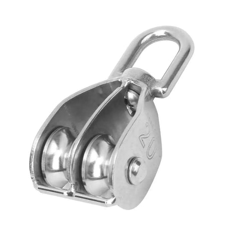 Two Pack Double Pulley Block Heavy Duty Lifting Sheave With Steel Wire Rope Hook For Rock Solid Rigging Jobs Quick Setup Design Close-up view of polished steel double sheave pulley.