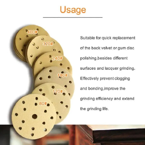 Heavy Duty 6 Inch Hook and Loop Sanding Discs With 15 Holes For Quick Dust Collection Aluminumoxide Abrasive Pads shown in various grits.