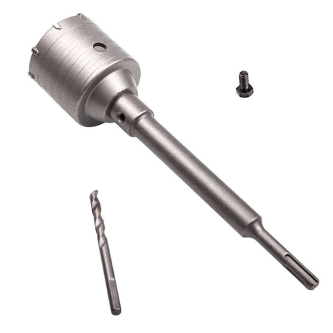 Side view of 2-1/2 inch concrete hole saw with SDS Plus shank, 65mm; 3-piece set includes drill bit and screw