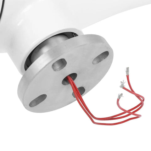 Close-up of 800W 48V Wind Generator Kit showing motor base and red wires, part of off-grid power solution for boats and cabins.