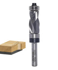 Compression Top And Bottom Bearing Flush Trim Router Bit With One Quarter Inch Shank, One Half Inch Cutting Diameter, Carbide Spiral Up Down Pattern, Heavy Duty Template Flush Cut Router Bit For Wood Trimming, Industrial Grade Solid Carbide shown with cut wood piece.